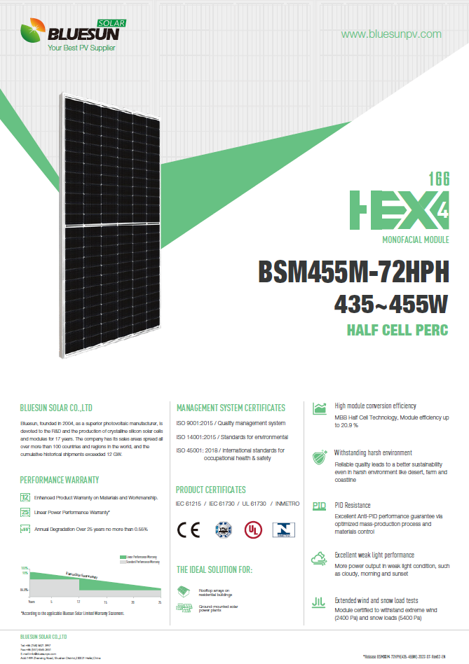 Panou solar fotovoltaic BlueSun HEX5 pmax 455W monocristalin 144 celule 2094x1038x35